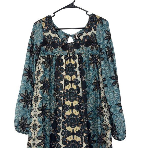 Free People Women SZ XS Boho Long Sleeve Printed Tunic Dress In Blue & Cream - Picture 11 of 14